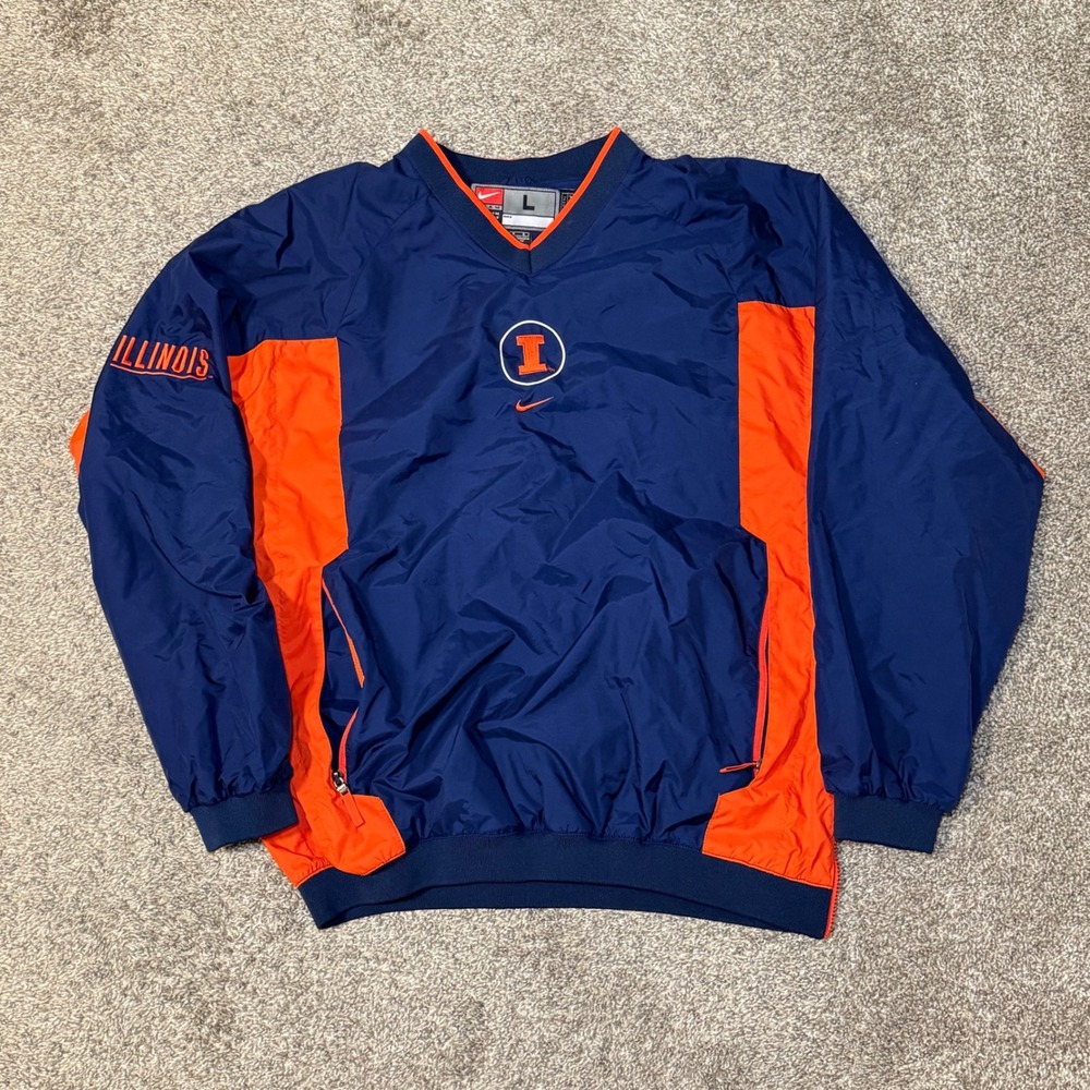 Vintage Y2K Nike Team Illinois Fighting Illini V-Neck Windshirt Navy Orange L